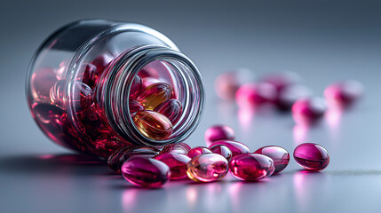 Pink and white bi-colored supplement capsules spilling from jar on modern clinical background