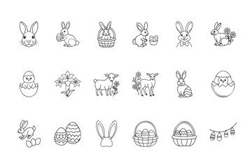 Easter themed handdrawn Bundle rabbits eggs baskets chicks flowers bunny