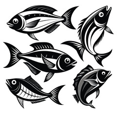 Collection of six stylized black and white fish illustrations for graphic design isolated on white background