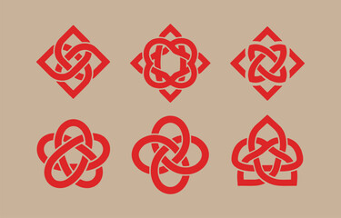 Collection of six intricate red celtic knot designs on a textured beige background