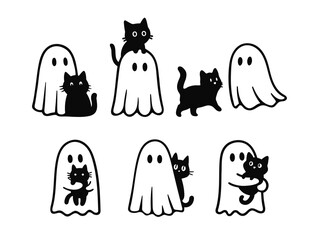 Cute ghosts with cats. The ghosts are hugging and playing with the kittens. Halloween concept.