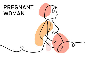 A minimalist line drawing of a pregnant woman featuring modern abstract shapes and neutral tones. Represents motherhood, maternity, and health, designed in a contemporary artistic style.