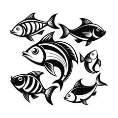 Collection of six stylized black and white fish illustrations isolated on white background