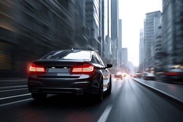 Naklejka premium Generic sedan car drives through busy city streets during twilight hours with illuminated skyscrapers in the background