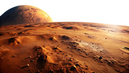Vast Martian desert landscape with a large planet in the sky and soft diffused light isolated on a transparent background