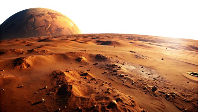Vast Martian desert landscape with a large planet in the sky and soft diffused light isolated on a transparent background - Powered by Adobe