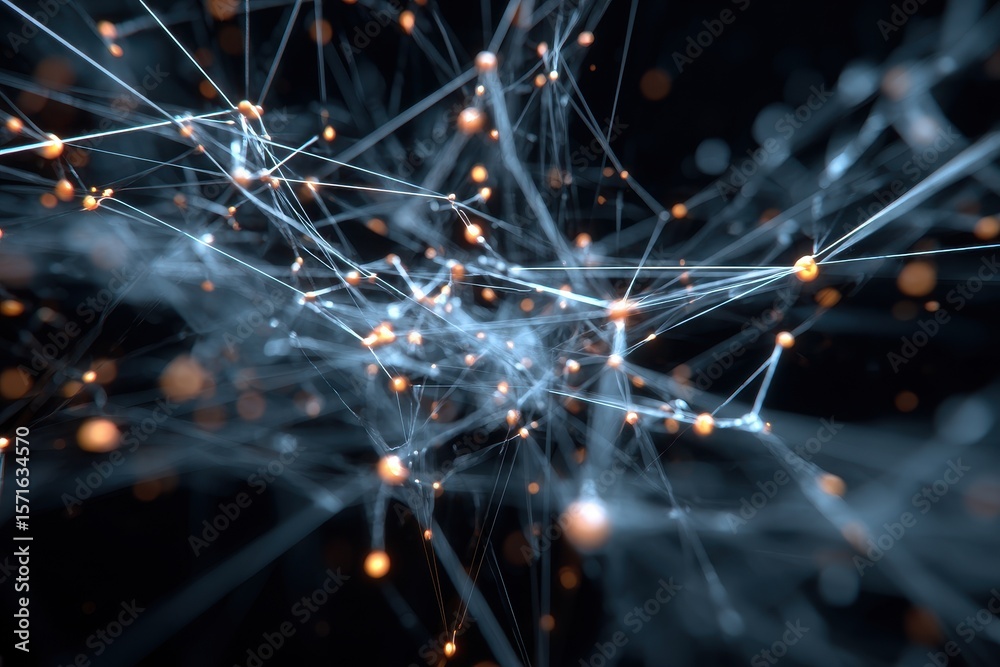 Poster complex network structure showcasing intricate connections with luminous nodes in a dark setting emp