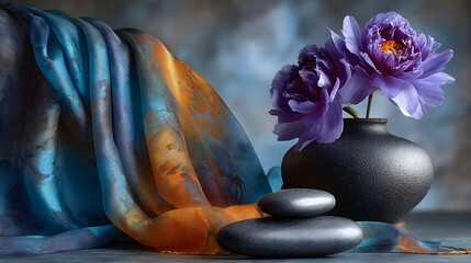 Silk, peonies, stones, vase, still life, zen, studio, serenity, background