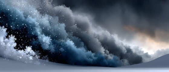 Snow avalanche crashing down mountain, dramatic sky