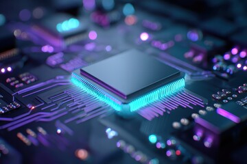 Concept design of a microchip for artificial intelligence and data networking showcasing advanced circuitry and glowing elements