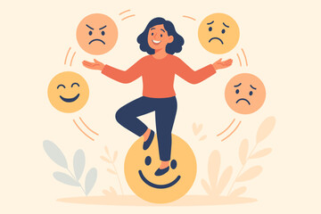 Emotional intelligence and psychology concept. Woman controls feelings, balancing on a happy emoji while juggling sad and angry faces. Mental health and emotional balance vector.
