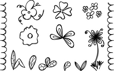 hand-drawn flowers, leaves, cute vector set
