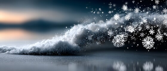 Snowdrift at sunset, snowflakes flying, winter scene, holiday card