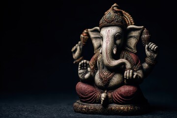 Ganesha figure sitting with intricate details, showcasing divine features and symbolism in a serene atmosphere