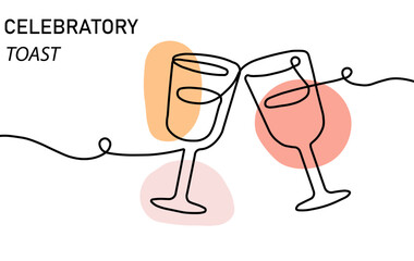 Minimal artistic illustration of two wine glasses clinking for a toast concept. An abstract continuous line technique highlights the celebratory nature, complemented with soft colored organic shapes.