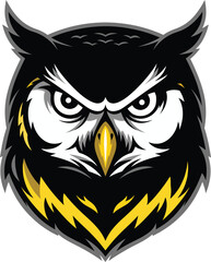 A striking black-and-white illustration of an owl with bold yellow accents, showcasing fierce eyes and intricate feather details. This design is ideal for wildlife-themed projects, merchandise, and ar