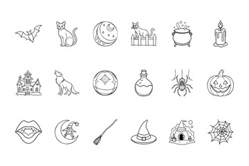 Handdrawn Halloween Bundle featuring bat cat moon cauldron candle house wolf orb potion spider pumpkin