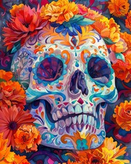 a close-up of a sugar skull intricately decorated with colorful patterns and surrounded by marigold petals