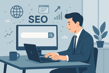 SEO optimization business concept. Digital marketing strategy. Businessman at desk with laptop, search engine, analytics, growth chart, internet, office workspace illustration.