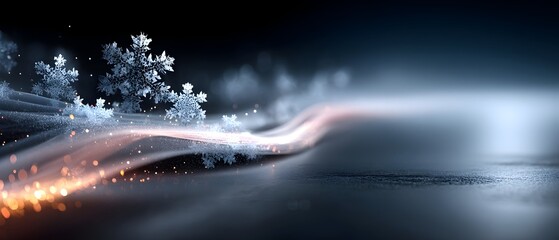 Sparkling snowflakes on icy surface, abstract winter background, website banner