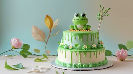 Adorable frog-themed birthday cake with spring flowers decoration, AI-generated whimsical dessert for children's party celebration