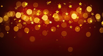 Festive Red and Gold Holiday Background with Bokeh and Star Confetti.