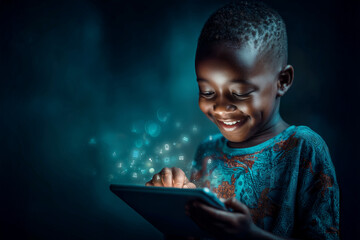 Happy african child using digital tablet with glowing symbols, digital literacy empowerment concept