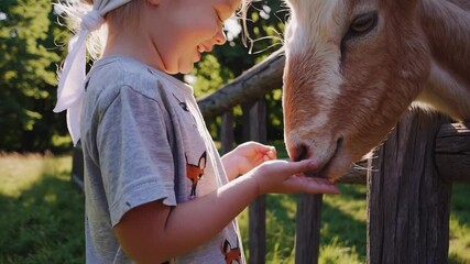 girl feeding goat on farm. smiling child holds hands out with grass. animal eats from fence. happy farm moment with girl, goat, hands. fence surrounds grass. child enjoys feeding animal.