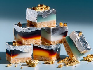 Stacked gourmet dessert cubes, studio shot, edible gold leaf, blue background, food photography