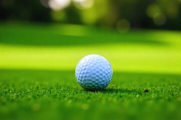 Obraz premium Perfectly Manicured Putting Green Golf Ball Ready for the Stroke. A close-up showcasing the precision and detail of the game, bathed in sunlight on a lush green lawn.