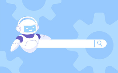 Search bar with AI chatbot assistant on light blue background. Search box for banner or website. Concept of artificial intelligence and, generation, searching, data analysis. Flat vector illustration.