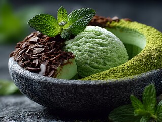 Stone bowl, matcha ice cream, chocolate, mint, dessert, food photography, dark background, culinary