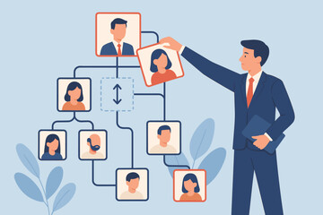 Business reorganization and team restructuring concept. Manager adjusting organizational chart, allocating resources, changing department structure, optimizing job roles for efficiency
