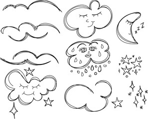 Hand-drawn cute vector set  cloud, eyes, drop of water, stars, sun, moon 