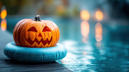 Halloween pumpkin jack o lantern floats on blue inflatable ring in pool with glowing lights reflecting on water, evoking festive Halloween festivities mood