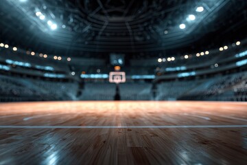 Basketball court with polished wood floor and dramatic lighting in a large sport arena during an evening game atmosphere