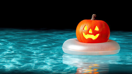 Jack o lantern floating on inflatable ring in pool water glowing brightly at night creating fun halloween atmosphere perfect for festivities and seasonal celebration