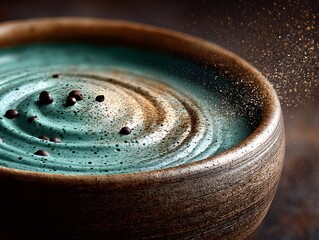 Swirled teal dessert, cocoa powder falling, rustic bowl, dark background, food photography