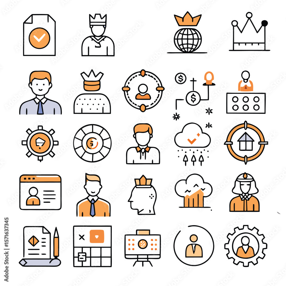 Poster collection of 25 distinct line art graphics featuring various objects and symbols isolated on white 