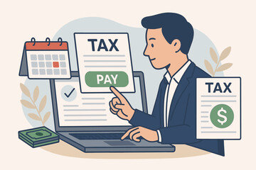 Fototapeta premium Online tax payment and income tax calculation on laptop, businessman filing taxes before deadline, financial paperwork, refund or revenue, digital tax duty concept illustration