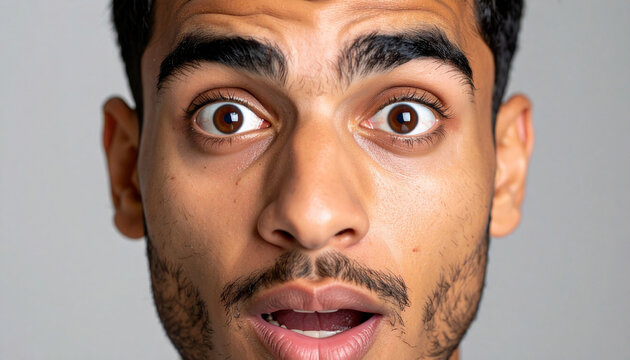 Close-up portrait of a man with a surprised expression.