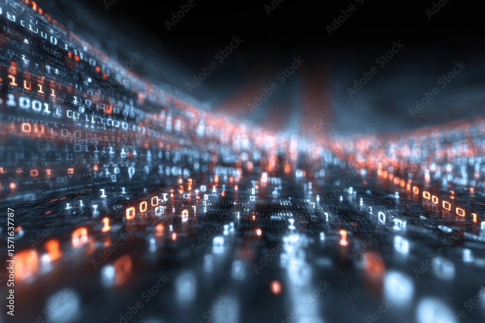 Poster abstract background showcasing flowing digital data with binary code in blue and orange tones, creat