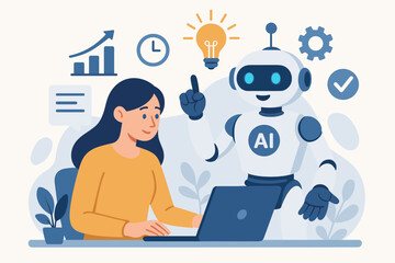 AI assistant robot helping woman increase work productivity. Artificial intelligence concept for business efficiency, automation, smart tech solutions, and innovative ideas.