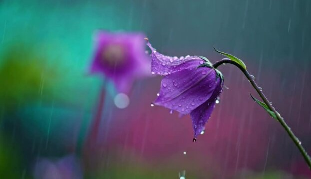 Beautiful Violet Flower in Stormy Weather Botanical Rain Scene
