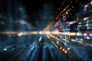 Abstract digital background conveying a sense of depth, movement, and illuminated data patterns reflective of modern technology and innovation in a futuristic environment