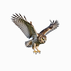 Majestic Owl in Flight: A captivating image of a magnificent owl in mid-flight, its wings spread wide against a contrasting background. capturing the essence of freedom and the beauty of nature.