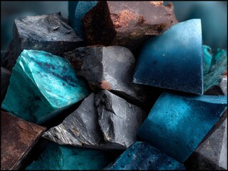 Teal, brown, gray stone fragments closeup, dark background, artisan crafting