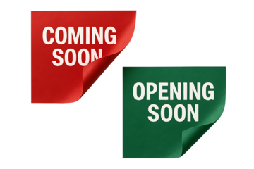 Coming Soon and Opening Soon Curl Paper Stickers Isolated on Transparent Background