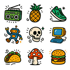 Fototapeta premium Colorful doodle icons of food, technology, and fun objects 