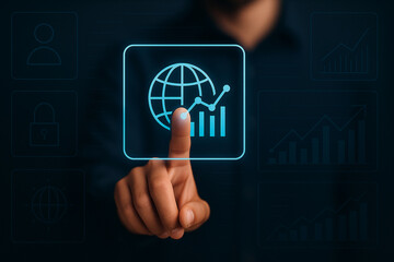 Businessman Touching Digital Holographic Globe Icon with Market Data Overlay for Modern Finance Technology Innovation and Global Investment Concept Design